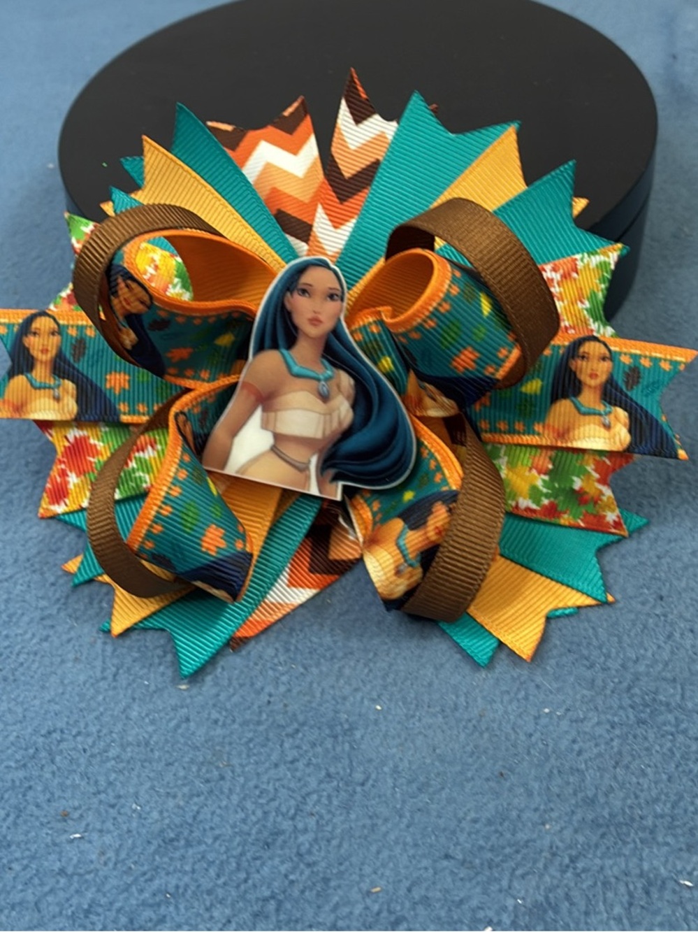 Pocahontas-Inspired Teal & Orange Layered Hair Bow for Kids